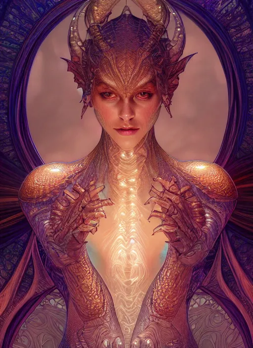 Prompt: symmetry!! portrait of a water dragon woman, fantasy, dragon scales, glowing lights!! intricate, elegant, highly detailed, digital painting, artstation, concept art, smooth, sharp focus, illustration, art by artgerm and greg rutkowski and alphonse mucha