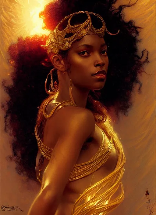 Image similar to young black woman, goddess of light, long flowing hair, smug expression, highly detailed painting by gaston bussiere, craig mullins, j. c. leyendecker 8 k