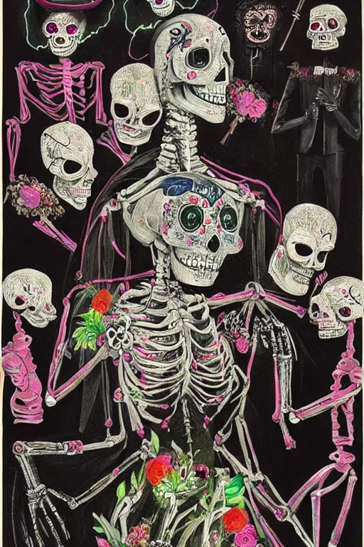 Image similar to scene from wedding, day of the dead, cyber skeletons, queen in black silk in the center, neon painting by otto dix