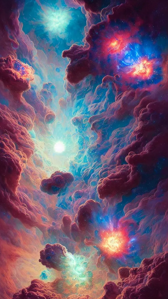 Image similar to psychedelic transcendent puffs! of smoke explosion, space, supernova, nebulae, pillars of creation, enlightenment, high contrast lighting, highly detailed, concept art, art by collier, albert aublet, krenz cushart, artem demura, alphonse mucha