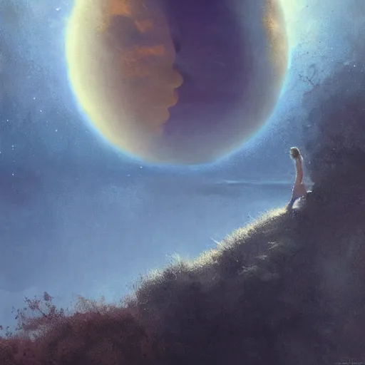 Image similar to serenity would you stare forever at the sun and never watch the moon rising? would you walk forever in the light to never learn the secret of the quiet night? painted by greg rutkowski, wlop,