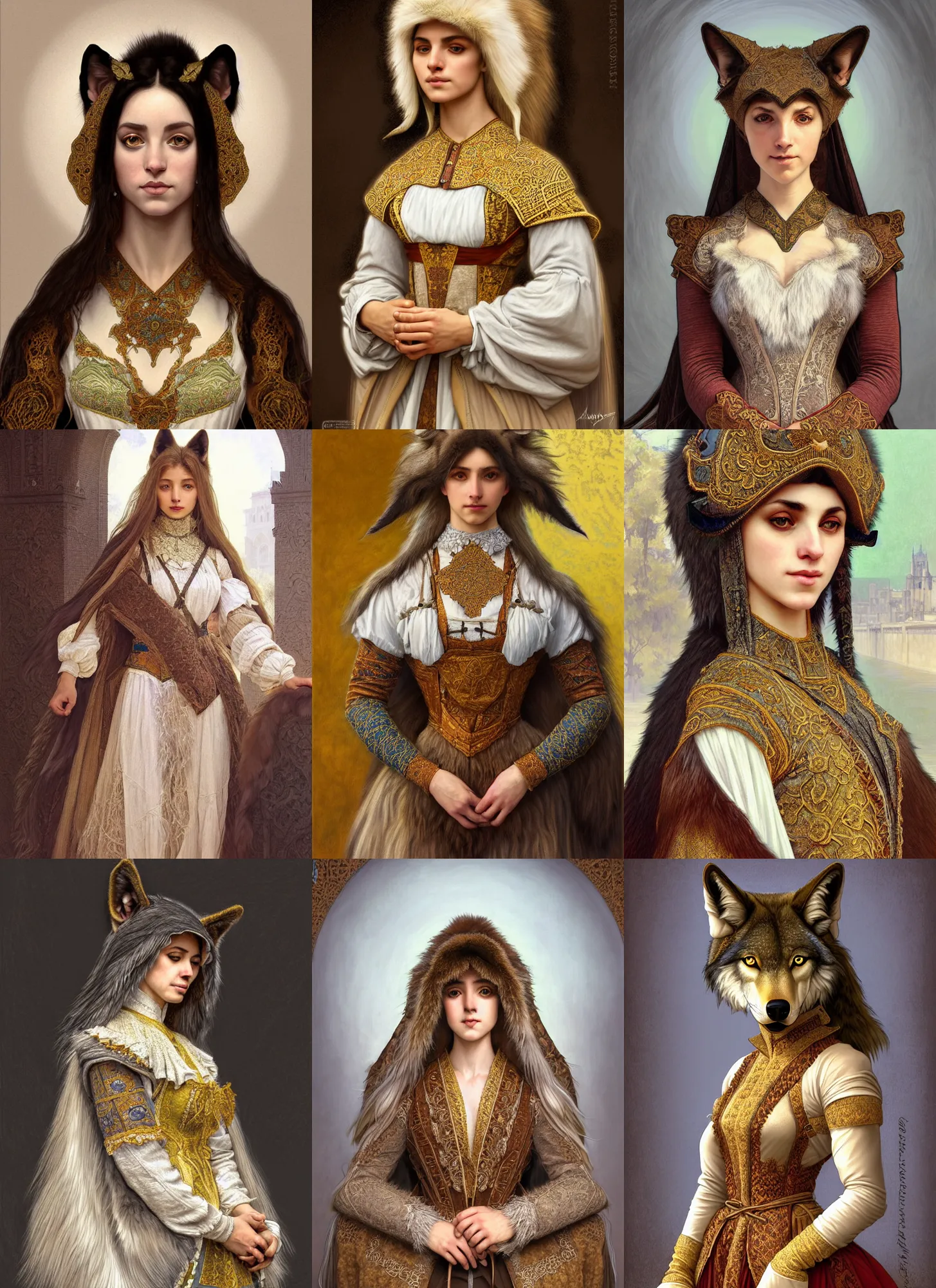 Prompt: symmetry!! portrait of 1 5 0 0 furry anthro wolf andalusian furry anthro wolf female in historical andalusian clothing, furry anthro wolf female, historical, intricate, highly detailed, dynamic lighting, digital art, digital painting, artstation, wlop, sharp focus, illustration, art by artgerm and greg rutkowski and alphonse mucha, 8 k