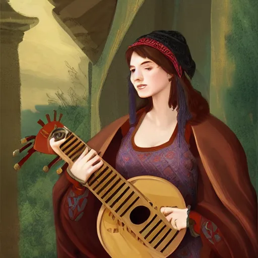 Prompt: Medieval female bard playing lute, high detail digital painting, artstation