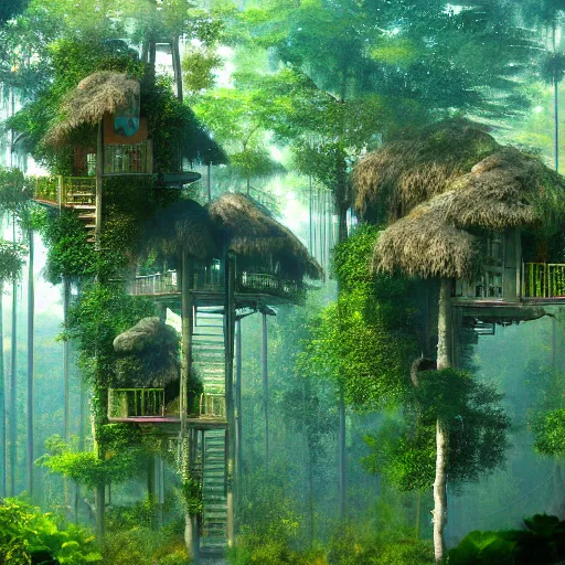 Prompt: treetop houses in a jungle, matte painting, trending on artstation, style of Monet,