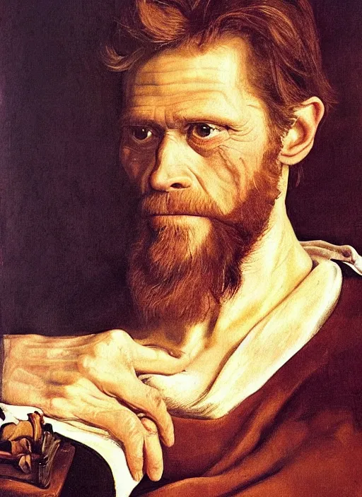 Image similar to flattering regal painting of willem dafoe with short beard, renaissance oil painting, studious chiaroscuro