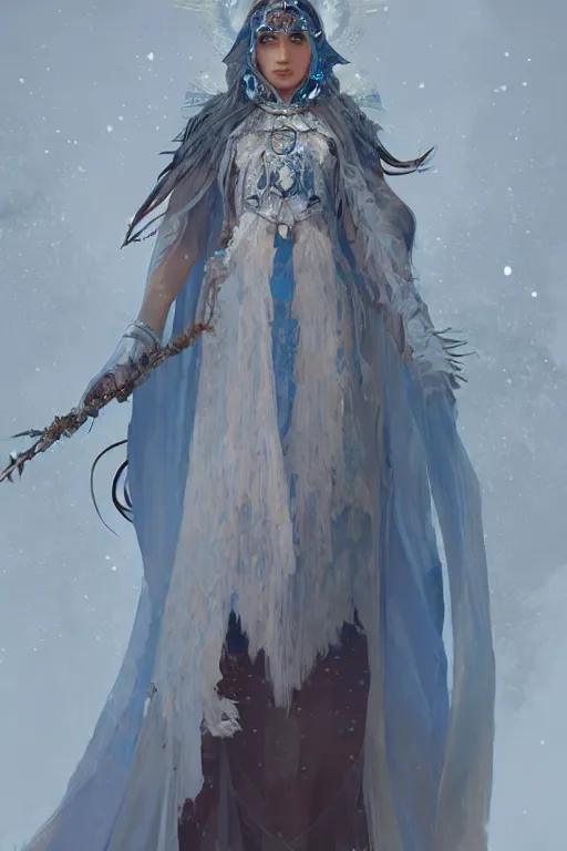 Prompt: ice priestess of the sacral moon full body portrait highly detailed, digital painting, artstation, concept art, smooth and sharp focus, illustration, art by tian zi and wlop and alphonse mucha