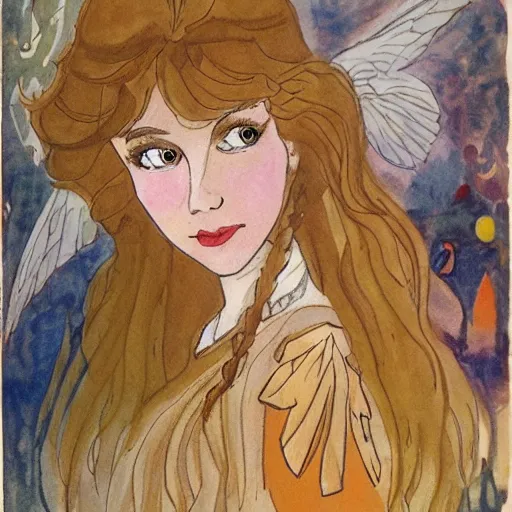 Prompt: The Swan Princess with hermione granger face, drawn by Mikhail Vrubel