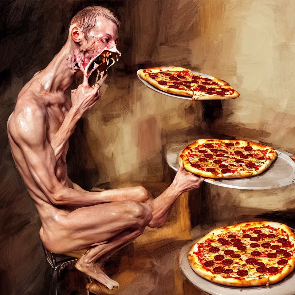 Prompt: bright realistic anorexic man puking pizza and smiling franticly, apartment, rotten flesh, diffuse lighting, fantasy, intricate, elegant, highly detailed, lifelike, photorealistic, digital painting, artstation, illustration, concept art, smooth, sharp focus, art by francis bacon and jenny saville