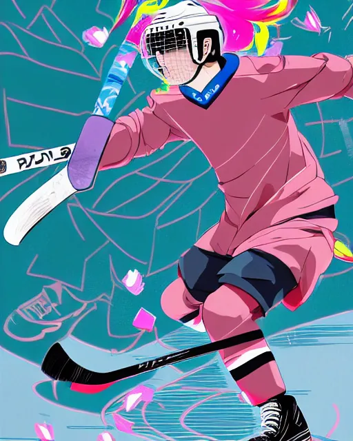 Image similar to pigeon!!! playing ice hockey, anime style, hyper detail, crisp linework, colorful mixed media, a brutalist designed, vivid colours, cryptic, mystical, pop surrealism by james jean, roby dwi antono, ross tran, steven kenny, paul neberra, ashley wood, atmospheric, trending on artstation. 8 k masterpiece.