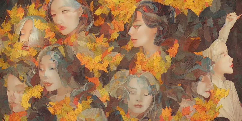 Image similar to breathtaking detailed concept art painting kaleidoscope art deco pattern of blonde faces goddesses amalgamation autumn leaves, by hsiao - ron cheng, bizarre compositions, exquisite detail, extremely moody lighting, 8 k