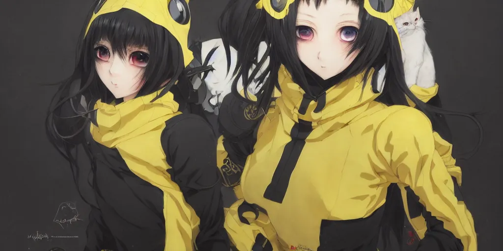 Image similar to yellow eyes, beautiful, anime, cyborg - girl, wearing a cat hoodie, wlop, ilya kuvshinov, artgerm, krenz cushart, greg rutkowski, hiroaki samura, range murata, james jean, katsuhiro otomo, erik jones, serov, surikov, vasnetsov, repin, kramskoi