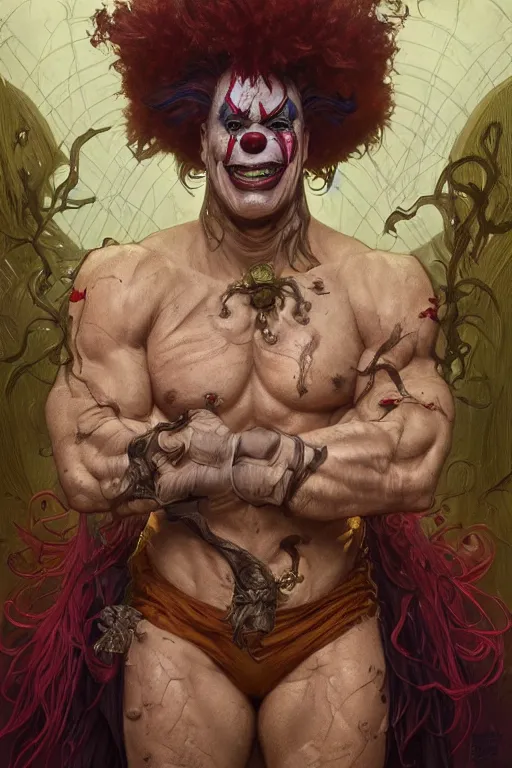 Prompt: portrait of a clown as a hulking herculean demon, forest, godlike, full body, fantasy, intricate, elegant, highly detailed, digital painting, artstation, concept art, sharp focus, illustration, art by artgerm and greg rutkowski and alphonse mucha