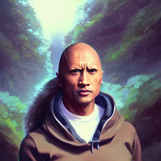 Image similar to feminine dwayne johnson in cat hoodie by ross tran, walking in a castle painted by sana takeda, rtx reflections, very high intricate details, digital anime art, medium shot, mid - shot, composition by ilya kuvshinov, lighting by greg rutkowski