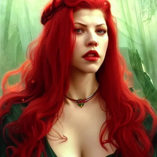 Image similar to beautiful Katheryn Winnick with red hair and a green gem on her forehead and dark red lips, closeup, D&D, fantasy, elegant, highly detailed, digital painting, artstation, concept art, matte, sharp focus, illustration, art by Artgerm and Greg Rutkowski and Alphonse Mucha