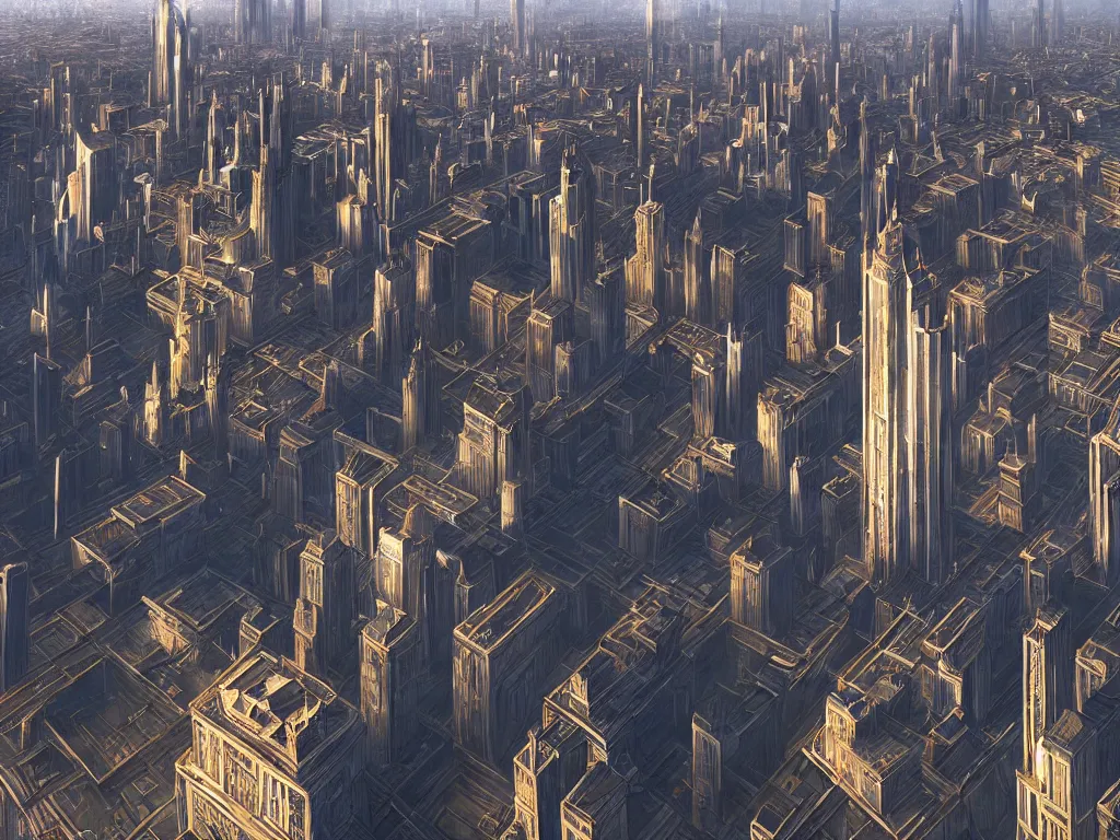 Image similar to big empty city with six extremely tall spiking towers, by artgerm and greg rutkowski and alphonse mucha, global illumination, hyperrealistic, volumetric lighting, epic cinematic shot, perfectly defined features, ambient occlusion