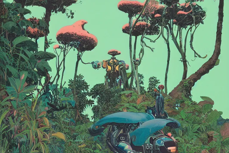 Prompt: gigantic man head, a lot of exotic vegetation around, trees, tremendous mecha robot, flowers, risograph!, oldschool vintage sci - fi flat surreal design, super - detailed, 2 d gouache painting by moebius and satoshi kon, hd, 4 k, high quality
