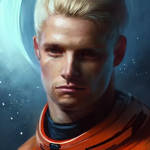 Image similar to portrait of a man with scared expression by greg rutkowski, he is about 3 0 years old, short blond hair, athletic and strong, straight jaw, wearing futuristic space gear, highly detailed portrait, digital painting, artstation, concept art, smooth, sharp foccus ilustration, artstation hq.