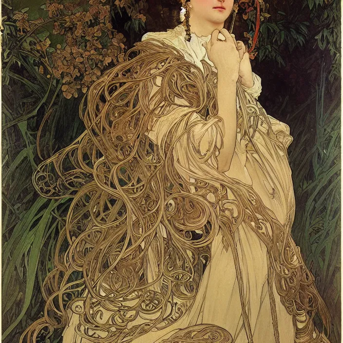 Image similar to longing look of a woman, portrait, highly detailed, bourgeoise, extremely opulent, ornate art, pompous, ornamental, richly detailed, digital art by alphonse mucha, ivan shishkin, adolph menzel, carvaggio