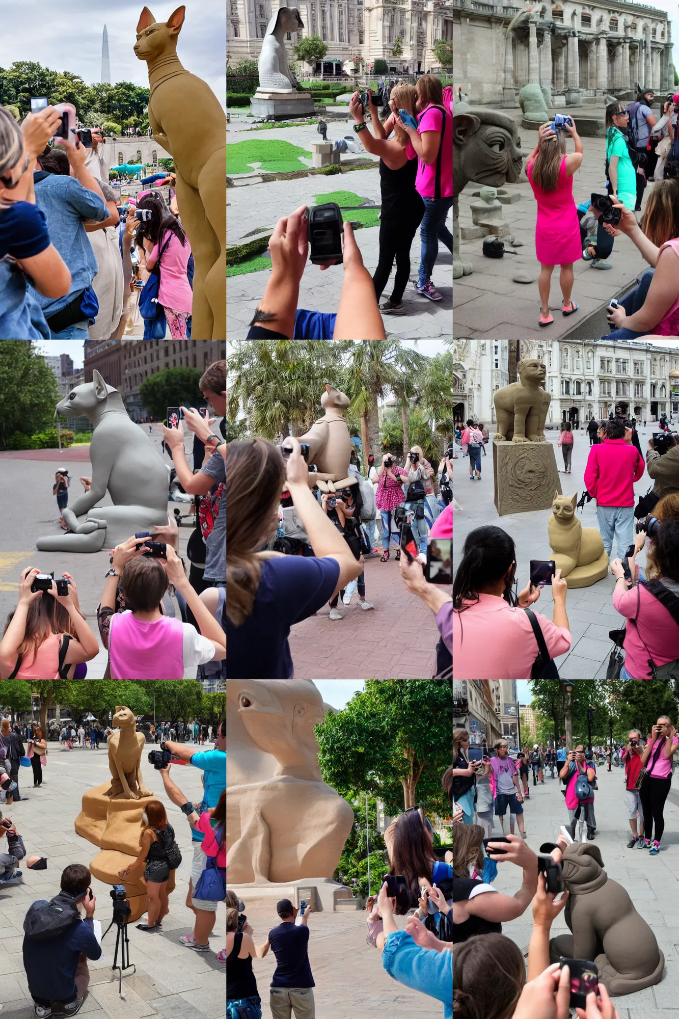 Prompt: tourists taking photos of a sphynx made of play - doh