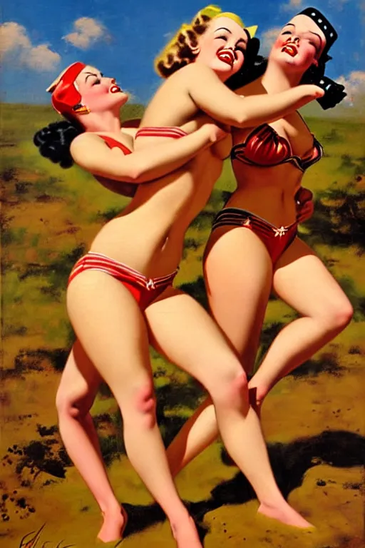 Prompt: 1940s group of pinup bikini girls wrestling in the mud, oil painting, by Gil Elvgren