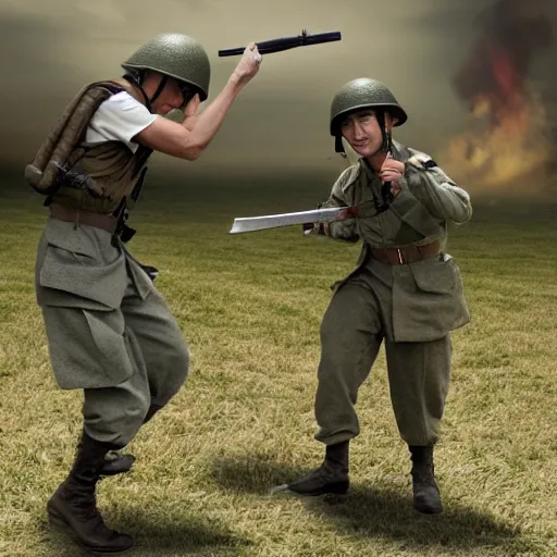 Image similar to World War Two Japanese soldier bayonet charging an American soldier, hyperrealistic, photo realistic, HD