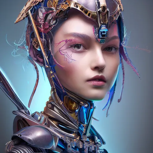 Image similar to studio portrait of lawful good colorful female holy mecha paladin absurdly beautiful, elegant, young sensual graceful woman, ultrafine hyperrealistic detailed face illustration by kim jung gi, irakli nadar, intricate linework, sharp focus, bright colors, matte, octopath traveler, final fantasy, unreal engine highly rendered, global illumination, radiant light, intricate environment