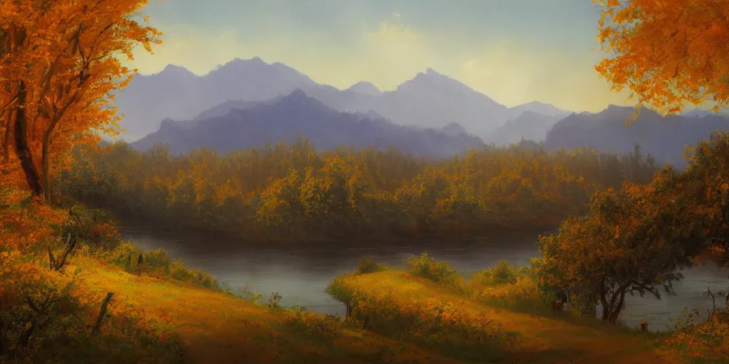 Image similar to painting of a FANTASY winery in autumn, with a river winding through them. In the distance, there are mountains. by bob ross, Albert Bierstadt, immaculate scale, hyper-realistic, trending on Artstation, 8k, detailed, atmospheric, immaculate