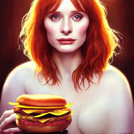 Image similar to portrait of Bryce Dallas Howard eating hamburgers, extra onions and ketchup, luscious patty with sesame seeds, feminine ethereal, handsome, D&D, fantasy, intricate, elegant, highly detailed, digital painting, artstation, concept art, matte, sharp focus, illustration, art by Artgerm and Greg Rutkowski and Alphonse Mucha
