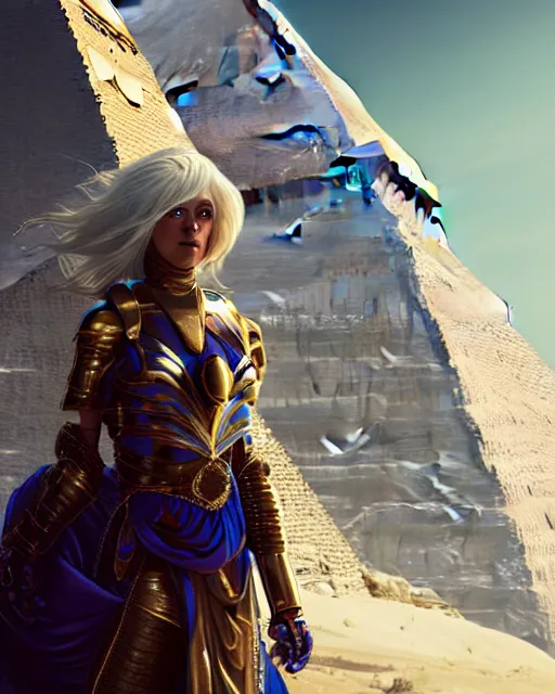 Image similar to girl exploring a pyramid, egyptian cyborg armor, white hair, atmosphere, gold, detailed, intricate, beautiful face, cinematic lighting, trending on artstation, blue eyes, 4 k, focused, extreme details, cinematic, masterpiece, by akihito tsukushi