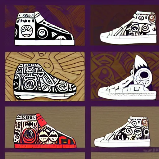 Image similar to sneaker design designed by studio ghibli, aztec mayan street fashion native punk sneaker design, majora's mask, wearing wooden mask, hip hop sneaker design with subtle mayan patterns, gapmoe yandere grimdark, trending on pixiv fanbox, painted by greg rutkowski makoto shinkai takashi takeuchi studio ghibli, akihiko yoshida