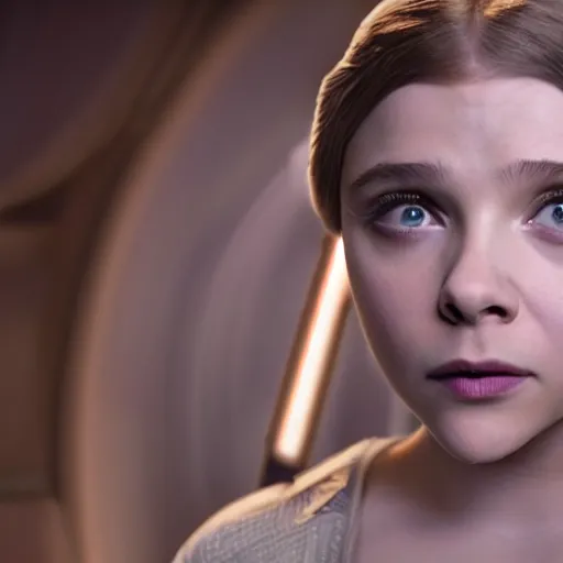 Image similar to Adult Chloe Moretz as Princess Leia, movie scene, XF IQ4, 150MP, 50mm, F1.4, studio lighting, professional, Look at all that detail!, Amazing!, Dolby Vision, UHD