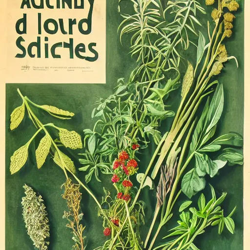 Image similar to a vintage botany poster with different herbs and spices