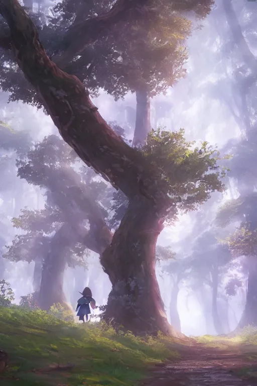 Image similar to forest path, beautiful ancient trees, hiding large treasure chest, serene evening atmosphere, soft lens, soft light, cel - shading, animation, in the style of cgsociety, deviantart, artstation, zbrush, cinema 4 d, studio ghibli, akihiko yoshida, atelier lulua, masamune shirow