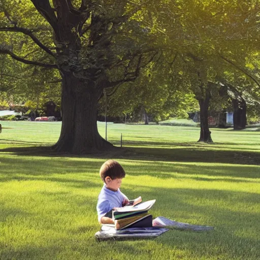 Image similar to a young boy reading a book about atoms sat in a public park, a sense of awe, warm dappled light, trees, in the style of norman rockwell