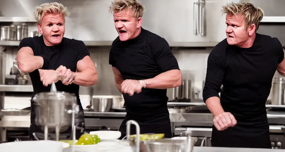 Image similar to photo of angry furious Gordon Ramsay punching Gordon Ramsay at the kitchen