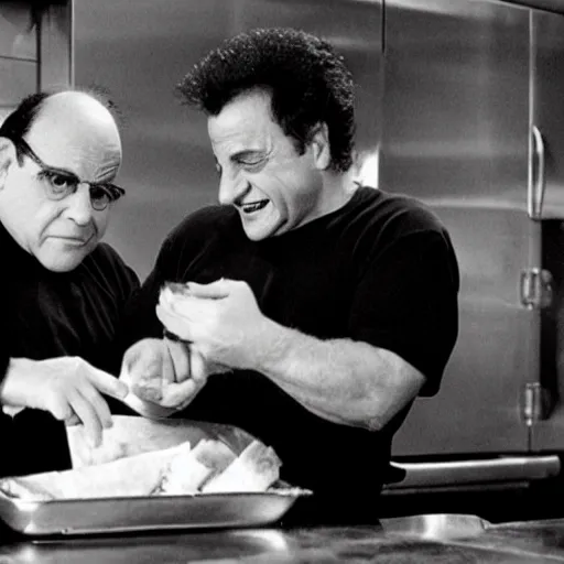 Prompt: danny devito and joe pesci making sandwiches