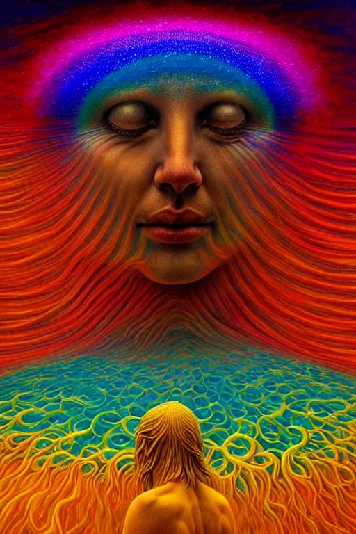 Image similar to hyperrealistic close-up Renaissance psychedelic!! celestial happy pure kind! creature!! peaceful! kind spirit of nature highly detailed concept art eric zener elson peter cinematic hard rainbow lighting high angle hd 8k sharp shallow depth of field, inspired by Zdzisław Beksiński