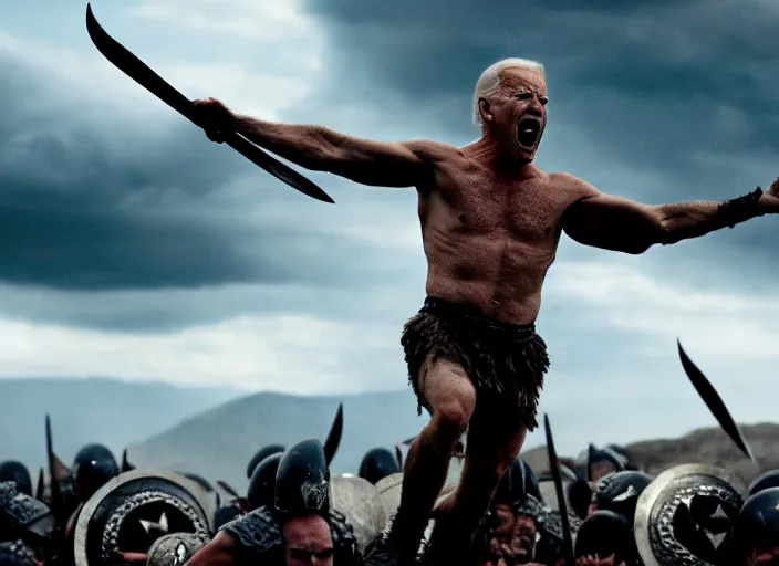 Image similar to cinematic film still of joe biden as leonidas shouting in 3 0 0 movie, 8 k, epic moody sky, dramatic lighting