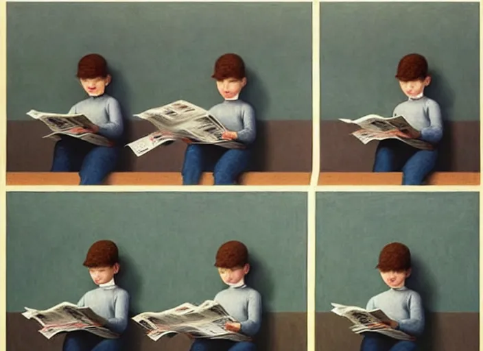 Prompt: a very boring day in school, kids wearing identical clothes reading newspapers, all faced away, painting by quint buchholz and ray caesar, muted colors, gray, dull, boring, low energy, pale blue faces, very detailed