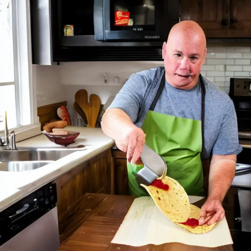 Image similar to middle aged white man making tacos in a big kitchen