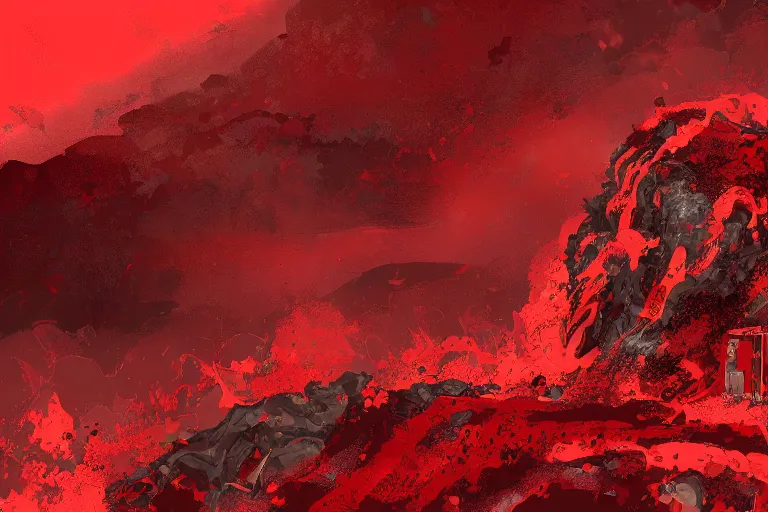 Image similar to red themed mashup lava landscape with movie characters, cinematic, die hard, marvel, disney, indie, highly detailed, featured on artstation, highly detailed, abstract