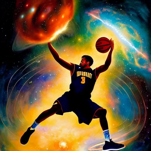 Image similar to cosmic basketball player dunking a basketball hoop in a nebula, an oil painting, by ( leonardo da vinci ) and greg rutkowski and rafal olbinski and ross tran, award - winning magazine cover