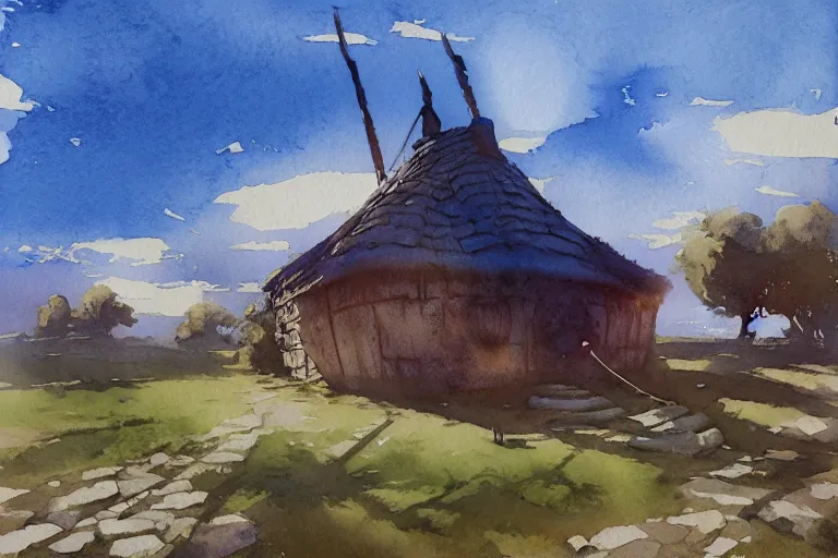 Prompt: small centered on watercolor paper, paint brush strokes, abstract watercolor painting of ancient viking house in city park, daylight, blue sky, cinematic light, national romanticism by hans dahl, by jesper ejsing, by anders zorn, by greg rutkowski, by greg manchess, by tyler edlin