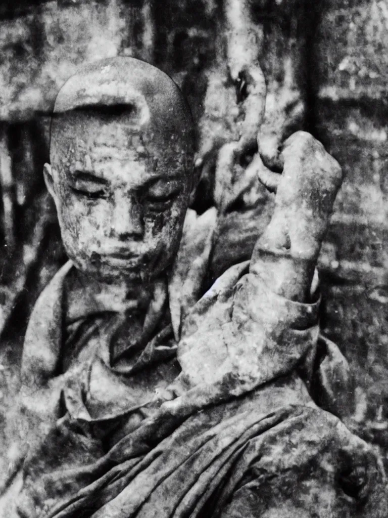 Prompt: A rogue Buddhist monk on mescaline becoming one with the urban grime of 1950s london