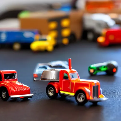 Prompt: cybertruck hot wheels on a desk with other toys in the background, depth of field, dramatic lighting