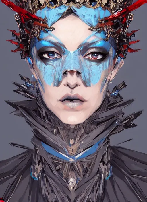 Prompt: half body portrait of a beautiful queen in an elaborate cracked mask and ornate pale blue dress, gray hair, red eyes. in style of yoji shinkawa and hyung - tae kim, trending on artstation, dark fantasy, great composition, concept art, highly detailed, dynamic pose, vibrant colours.