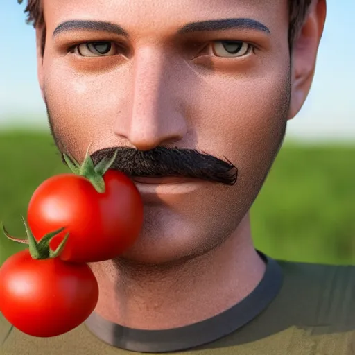 Prompt: tomato with realistic human face, facial hair, hair, 4k, super detailed, realistic, photorealistic, 4k