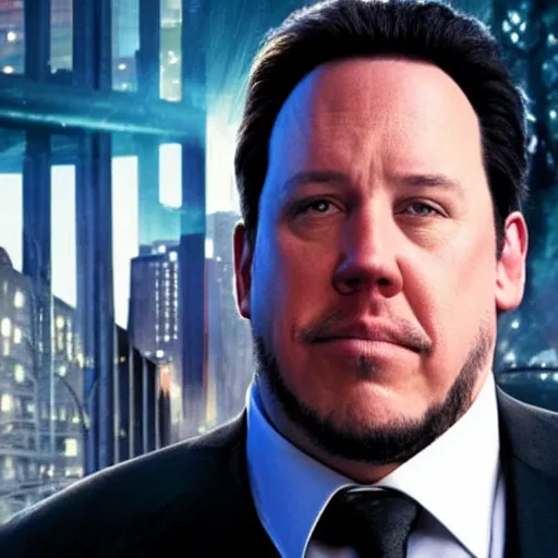 Prompt: clean-shaven Jon Favreau as Happy Hogan wearing a black suit and black necktie falling down into a city with a frightened expression on his face