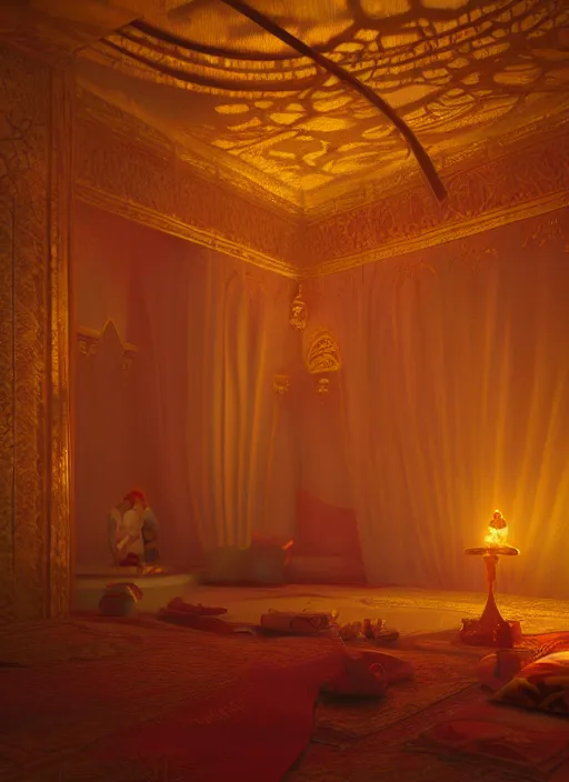 Prompt: beautiful interior of an arabian nights bedchamber, orientalism style, delphin enjolras, goro fujita, makoto shinkai, volumetric lighting, exquisite lighting, octane render, trending on artstation