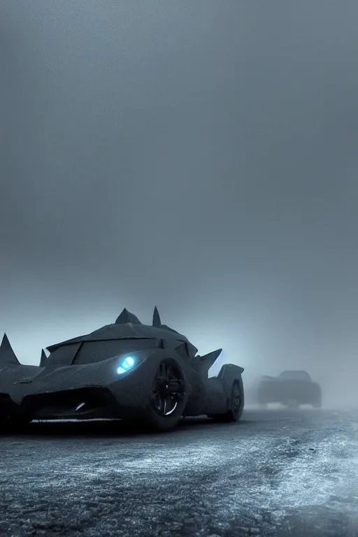 Prompt: Batman car in cold fog. Сoncept art, Dan Mumford, Greg Rutkowski, Quixel Megascans, octane render, 16k, 8k, photoillustration, RTX